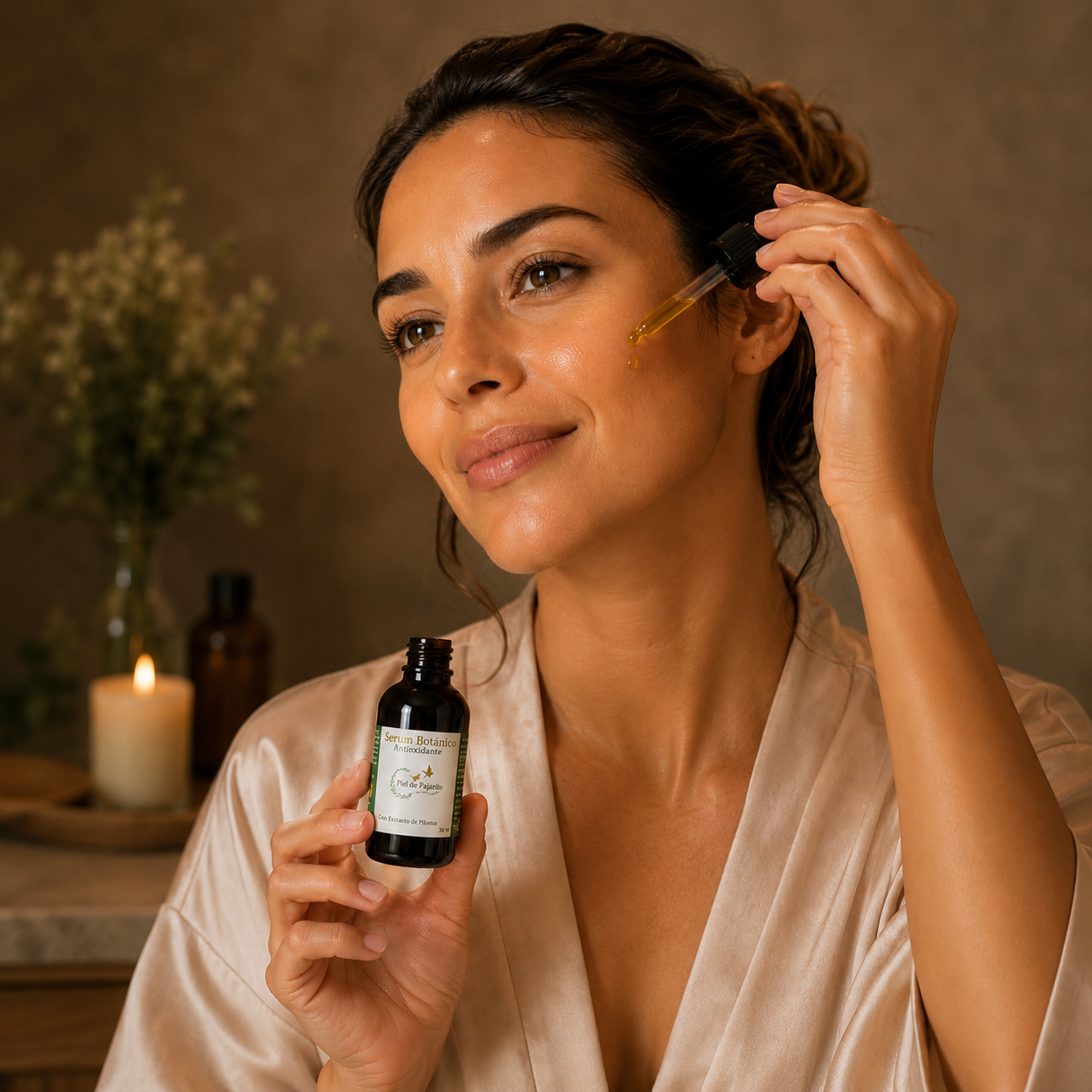 Mujer aplicando el sérum botánico antioxidante de Piel de Pajarito